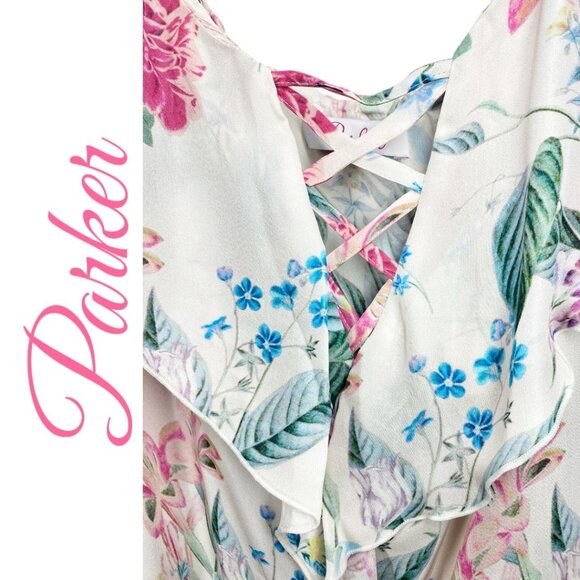 PARKER ERIN BOHEMIAN 100% SILK RUFFLED FLORAL OFF THE SHOULDER BLOUSE, LARGE - Picture 4 of 14